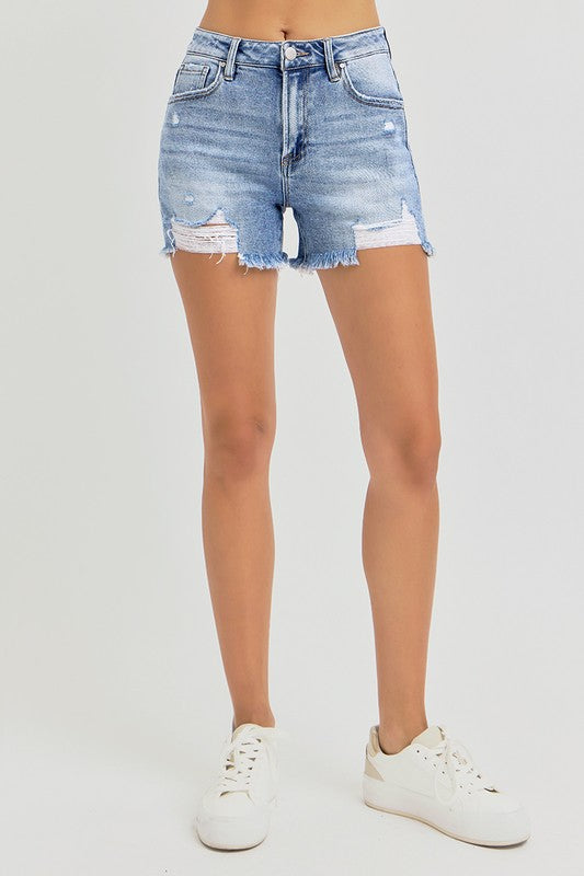 Risen High Rise Distressed Comfort Stretch Denim Shorts: Light Wash