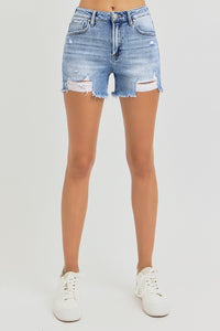 Risen High Rise Distressed Comfort Stretch Denim Shorts: Light Wash