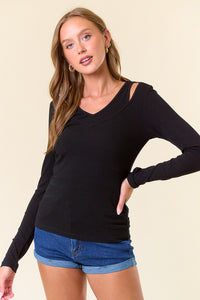 Owen V-Neck Cut Out Long Sleeve Top: Black