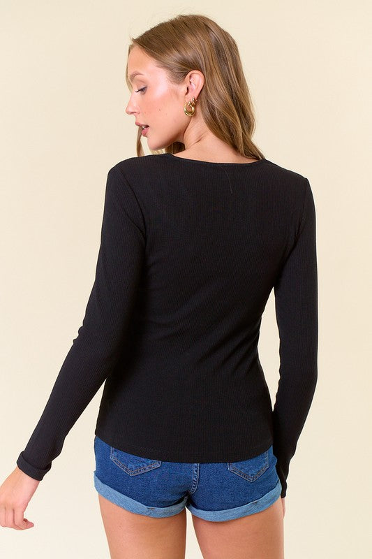 Owen V-Neck Cut Out Long Sleeve Top: Black