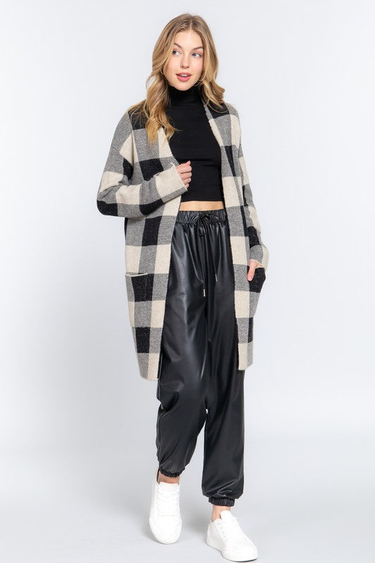 Carlie Open Long Plaid Cardigan: Oatmeal/Black