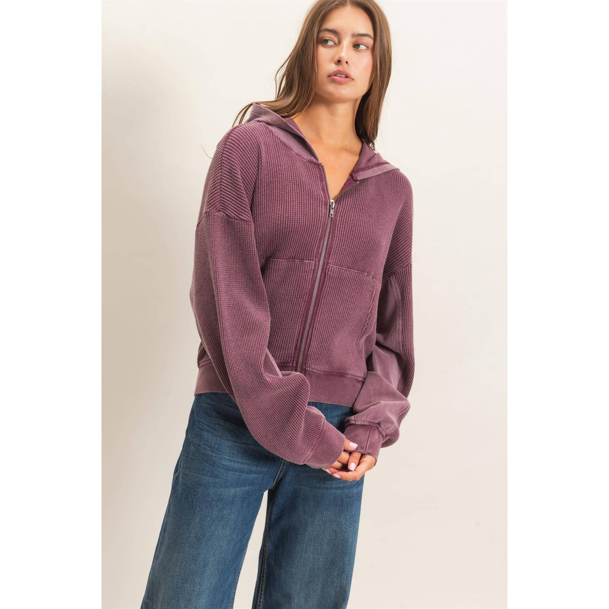 The Unwind Waffle Zip Hoodie: Dark Cherry