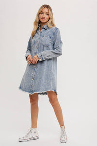 Billie Denim Distressed Long Sleeve Shirt Dress: Medium Wash