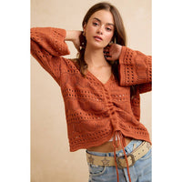 The Harvest Glow Ruched Knit Sweater: Terracotta