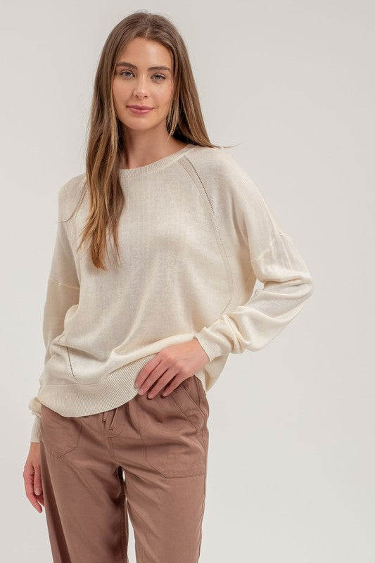 Lexi Back Button Detail Sweater Top: Cream