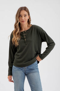 Chloe Long Sleeve Henley: Hunter Green