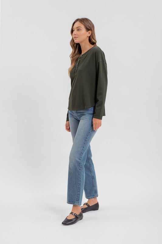 Chloe Long Sleeve Henley: Hunter Green