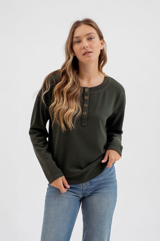 Chloe Long Sleeve Henley: Hunter Green