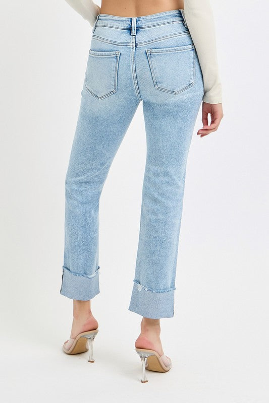 Risen "Brixton" Tummy Control Crop Straight Jeans: Light Wash – High Rise Cuffed Denim for Women