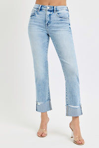 Risen "Brixton" Tummy Control Crop Straight Jeans: Light Wash – High Rise Cuffed Denim for Women