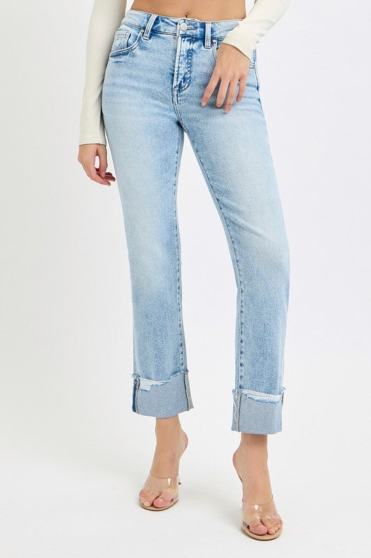 Risen "Brixton" Tummy Control Crop Straight Jeans: Light Wash – High Rise Cuffed Denim for Women