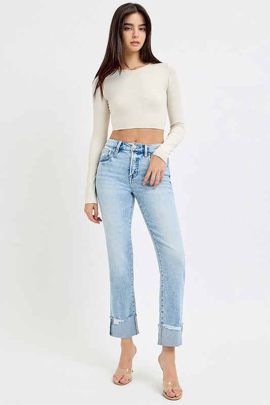 Risen "Brixton" Tummy Control Crop Straight Jeans: Light Wash – High Rise Cuffed Denim for Women