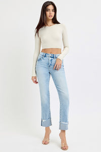 Risen "Brixton" Tummy Control Crop Straight Jeans: Light Wash – High Rise Cuffed Denim for Women