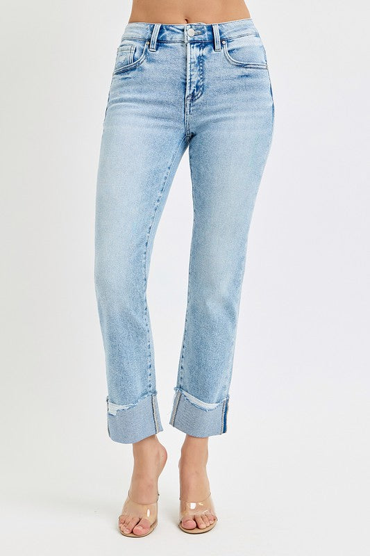 Risen "Brixton" Tummy Control Crop Straight Jeans: Light Wash – High Rise Cuffed Denim for Women