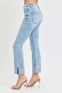 Risen "Brixton" Tummy Control Crop Straight Jeans: Light Wash – High Rise Cuffed Denim for Women