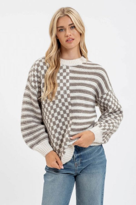 Darcy Stripe and Checkered Crew Sweater: Olive