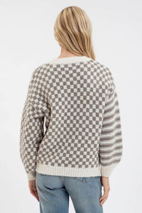 Darcy Stripe and Checkered Crew Sweater: Olive