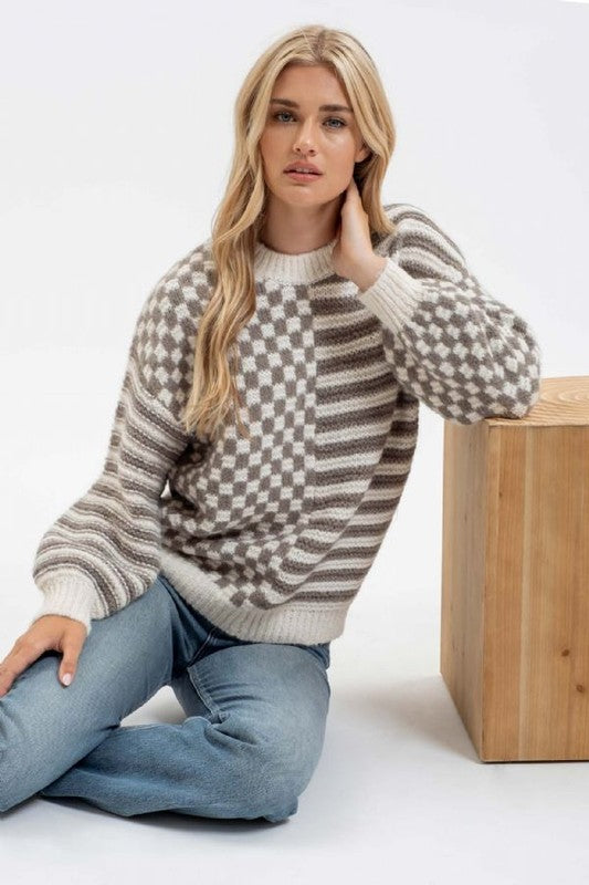 Darcy Stripe and Checkered Crew Sweater: Olive