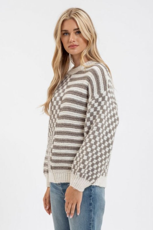 Darcy Stripe and Checkered Crew Sweater: Olive