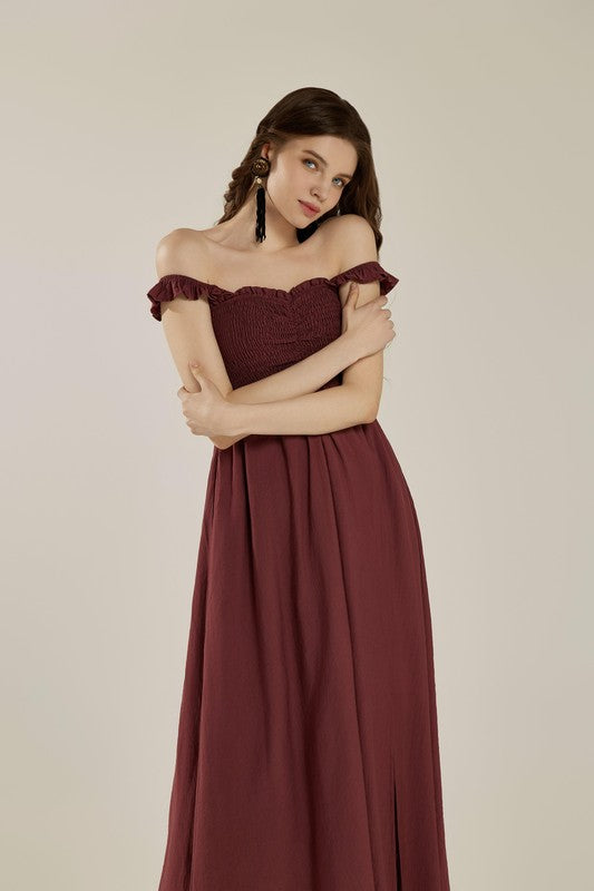 Callie Ruffle Strap Smocked Maxi Dress – Brick Red