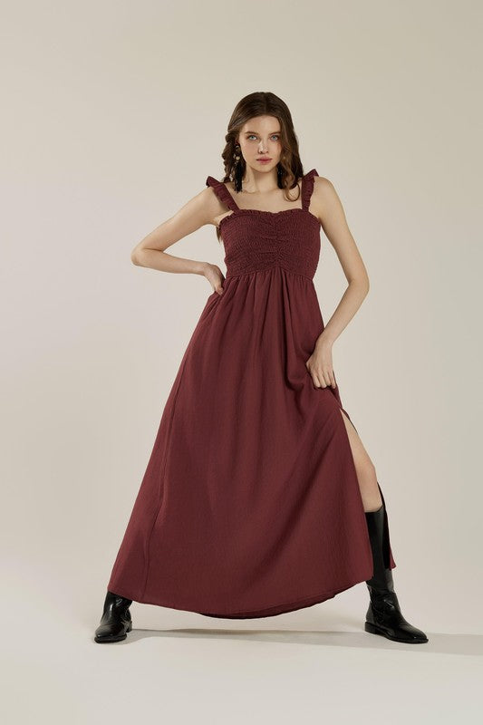 Callie Ruffle Strap Smocked Maxi Dress – Brick Red