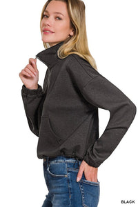 PINK FRIDAY Scuba Half Zip Ribbed Detail Pullover: Black