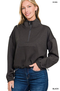 PINK FRIDAY Scuba Half Zip Ribbed Detail Pullover: Black