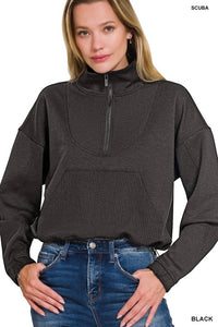 PINK FRIDAY Scuba Half Zip Ribbed Detail Pullover: Black