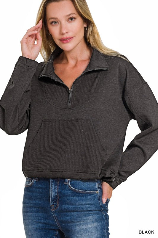 PINK FRIDAY Scuba Half Zip Ribbed Detail Pullover: Black