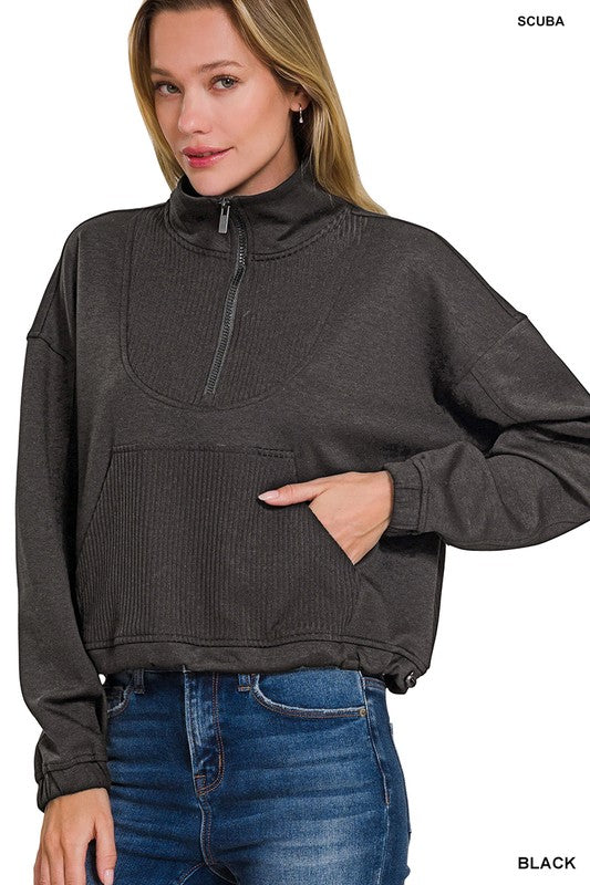 PINK FRIDAY Scuba Half Zip Ribbed Detail Pullover: Black