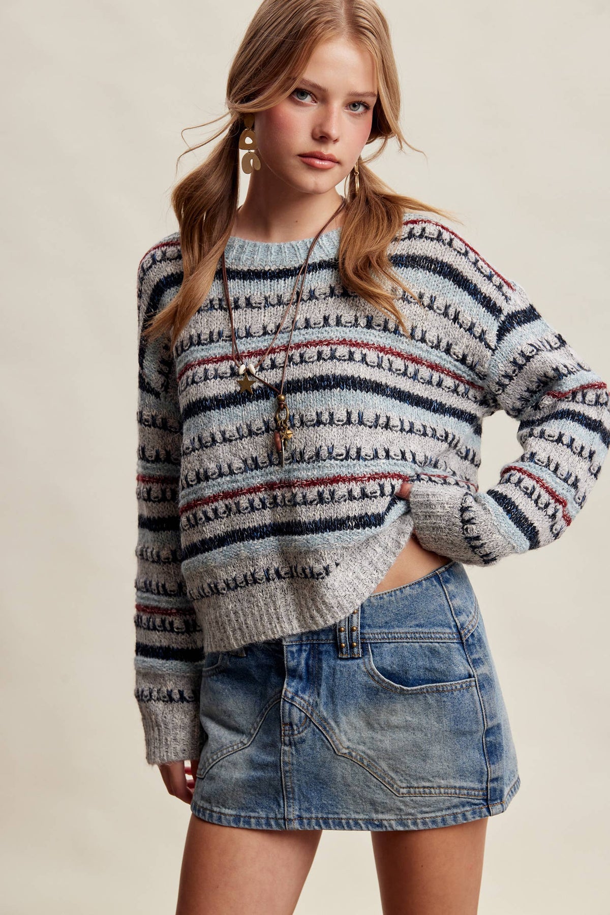 Good Mix Textured Stripe Sweater: Navy