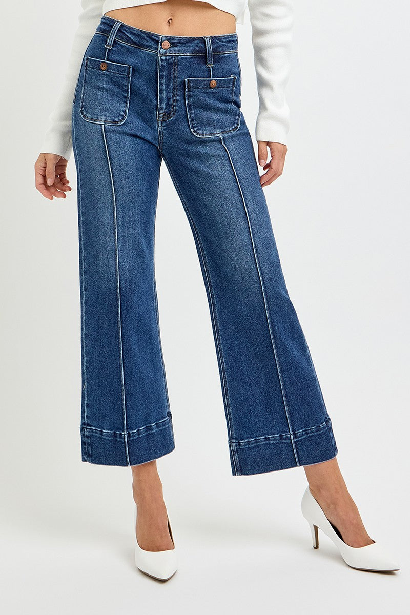 Risen "Callahan" High Rise Crop Wide Jeans : Light Wash – Front Pintuck Patch Pocket Denim for Women