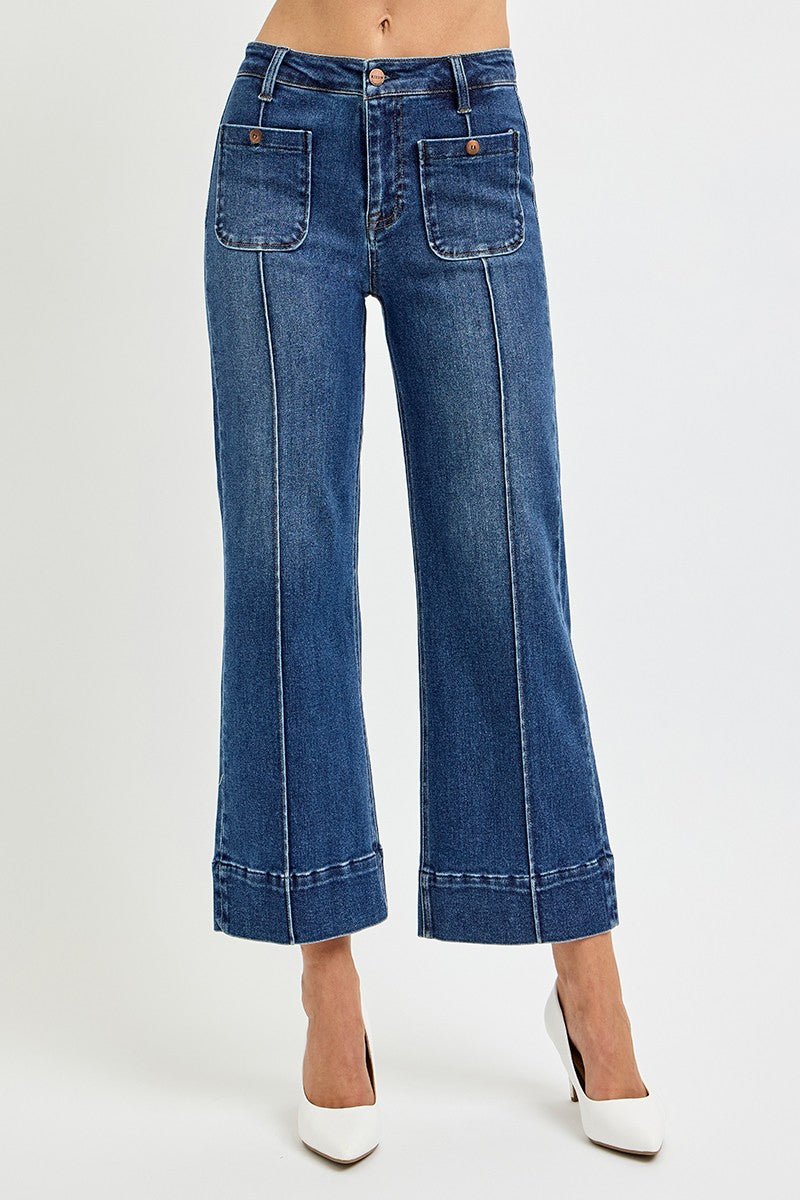 Risen "Callahan" High Rise Crop Wide Jeans : Light Wash – Front Pintuck Patch Pocket Denim for Women
