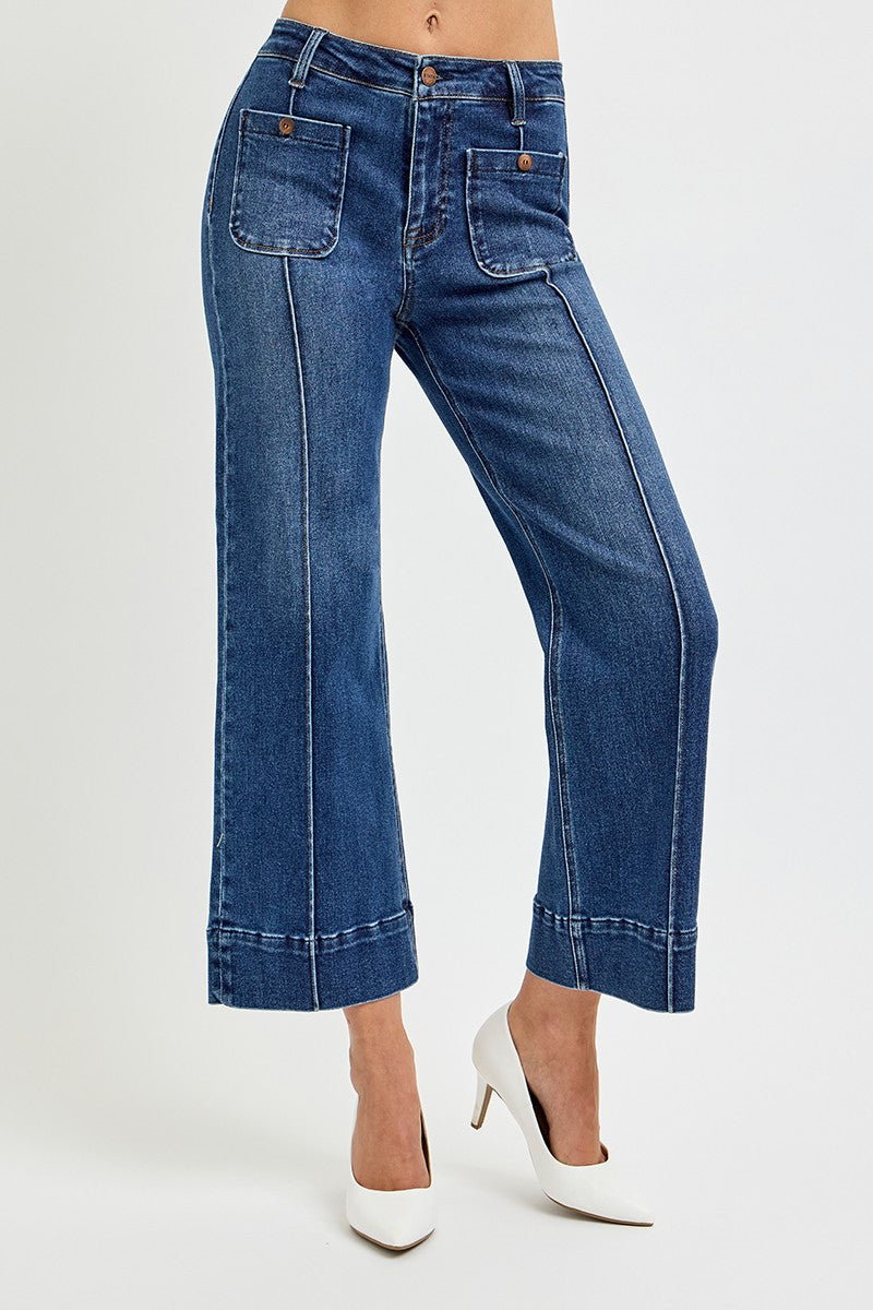 Risen "Callahan" High Rise Crop Wide Jeans : Light Wash – Front Pintuck Patch Pocket Denim for Women