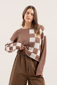 Gracie Color Blocked Checkered Long Sleeve Sweater: Mocha