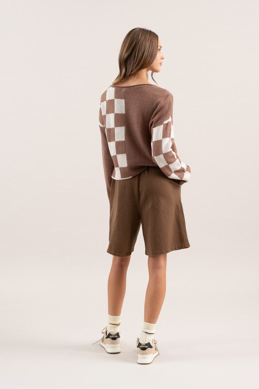 Gracie Color Blocked Checkered Long Sleeve Sweater: Mocha