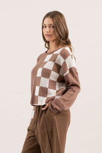 Gracie Color Blocked Checkered Long Sleeve Sweater: Mocha