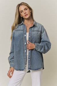 Maren Embroidered Denim Button-Up Shacket: Medium Wash