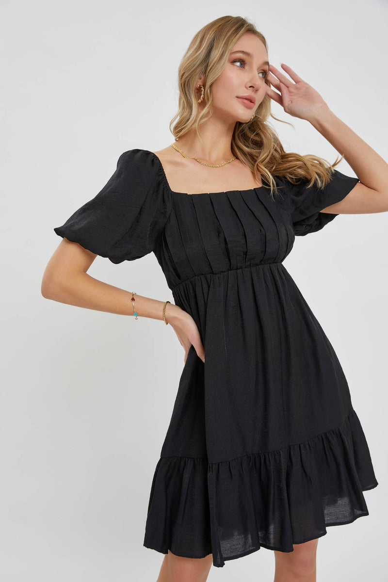 Delilah Black Puff Sleeve Babydoll Mini Dress – Flowy Square Neck Dress for Special Occasion