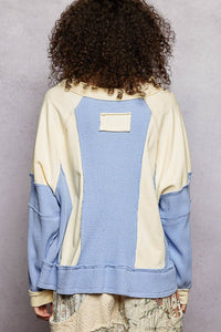 Notched Neck Contrast Fabric Basic Long Sleeve Top SALE: GREY MULTI / L