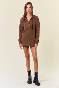 Willa Stripe V-Neckline Long Sleeve Hooded Sweatshirt: Caramel