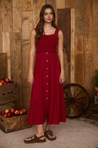 The Josette Smocked Midi Dress – Button-Front Sleeveless Dress in Apple Red