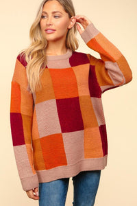 Autumn Vines Cozy Checkered Pullover Sweater: Taupe/ Burnt Orange/ Wine