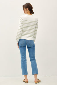 Elowen Lightweight Striped Sweater: Soft Sage – Soft Long Sleeve Knit with Balloon Sleeve Detail