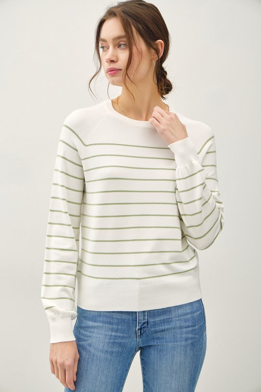 Elowen Lightweight Striped Sweater: Soft Sage – Soft Long Sleeve Knit with Balloon Sleeve Detail