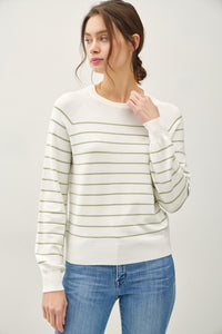 Elowen Lightweight Striped Sweater: Soft Sage – Soft Long Sleeve Knit with Balloon Sleeve Detail