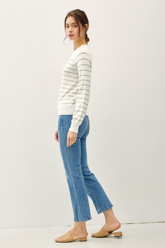 Elowen Lightweight Striped Sweater: Soft Sage – Soft Long Sleeve Knit with Balloon Sleeve Detail