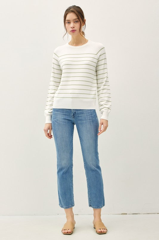 Elowen Lightweight Striped Sweater: Soft Sage – Soft Long Sleeve Knit with Balloon Sleeve Detail