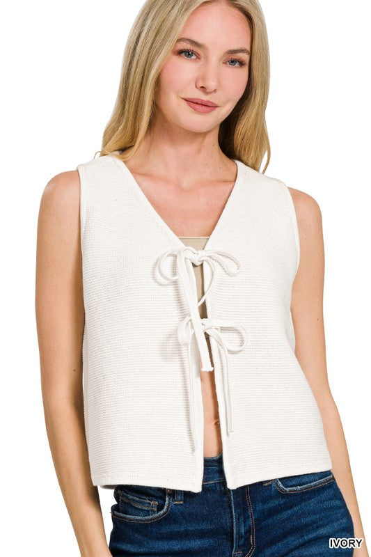Blaire Tie-Front Cotton Sweater Vest – Lightweight Layering Essential