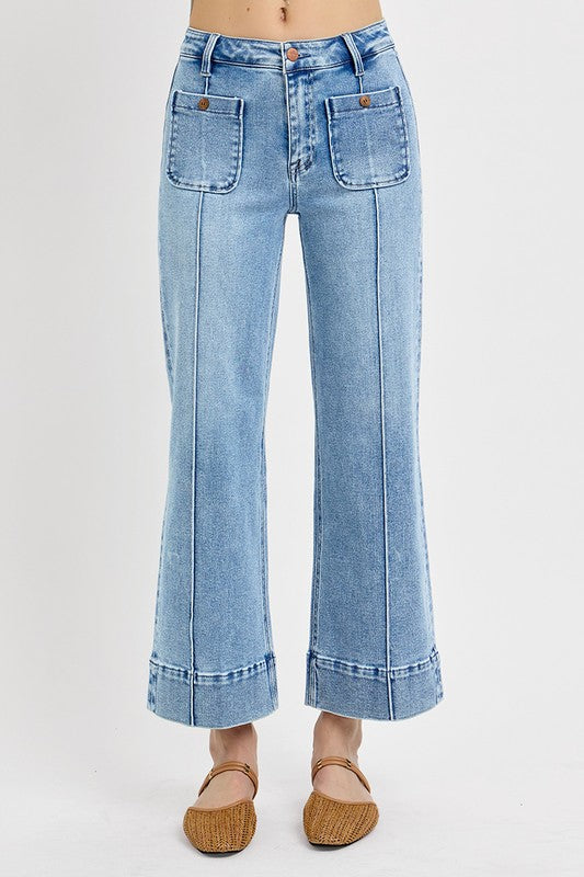 Risen "Callahan" High Rise Crop Wide Jeans : Light Wash – Front Pintuck Patch Pocket Denim for Women